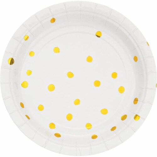 7 x 7 in. Foil Dot Dessert Paper Round Plates, White & Gold - 8 Count ...
