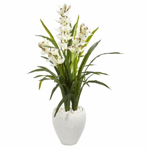 4 in. Cymbidium Orchid Artificial Plant in White Planter Perspective: front