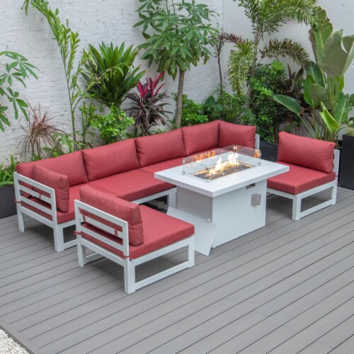 7 Piece Patio Sectional And Fire Pit Table White Aluminum With