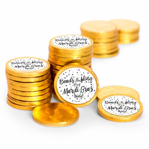 84ct Mardi Gras Candy Chocolate Coins Party Favors (84 Pack) - Beads & Bling - Perspective: front