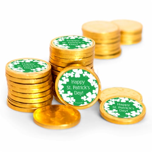 84ct St. Patrick's Day Candy Chocolate Coins Party Favors (84 Pack) - Clovers - Perspective: front