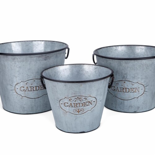 IMAX Z78270-3 Marin Galvanized Round Planters - Gray, Set of 3 Perspective: front