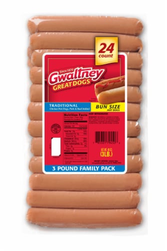 Gwaltney Traditional Bun Size Chicken Hot Dogs Perspective: front