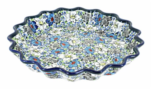 Blue Rose Polish Pottery Bed of Flowers Quiche Dish Perspective: front