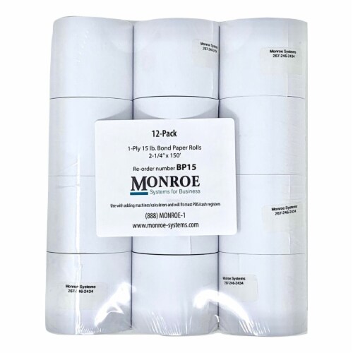 Monroe 15 LB Bond Paper Rolls, Single Ply, 2.25" x 150' for Printing Calculators (12-Pack) Perspective: front