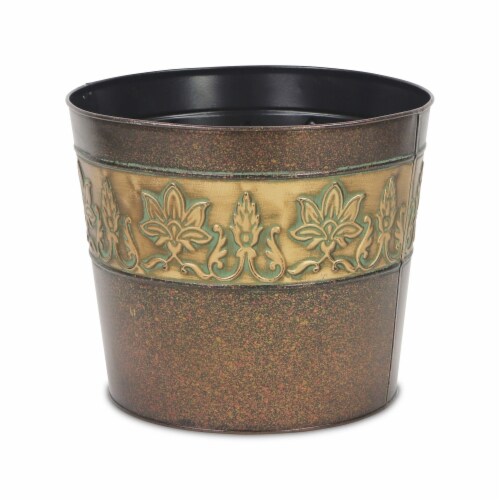 Cheungs 4766-10 10.75 in. Circular Metal Planter with Center Floral Design Perspective: front