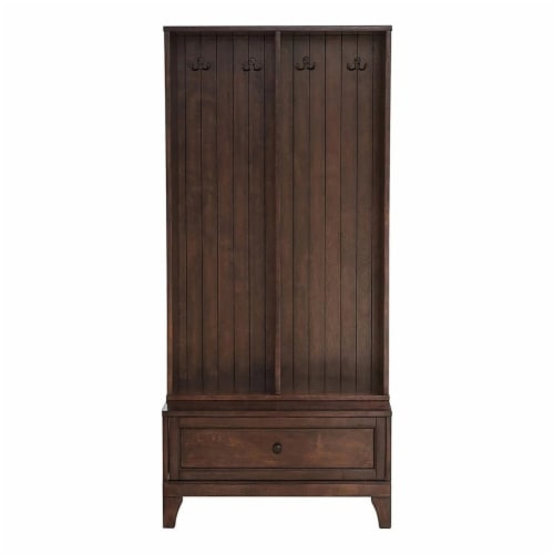 Milton Greens Stars Inc Traditional Wood Coat Rack with Drawer Storage in Brown Perspective: front