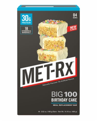 MET-Rx Big 100 Birthday Cake Meal Replacement Bars Perspective: front