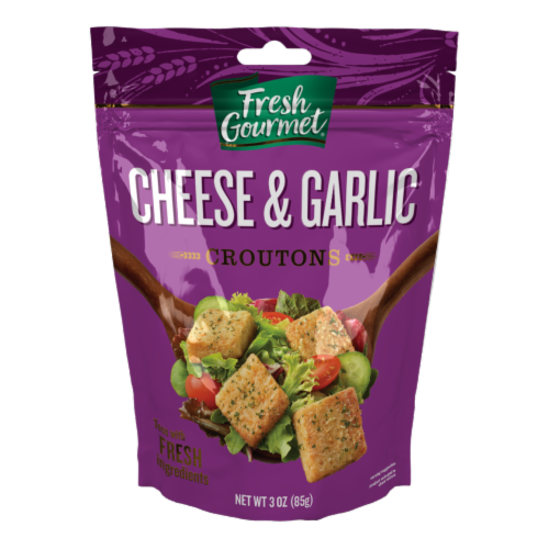 Fresh Gourmet Cheese & Garlic Croutons Perspective: front