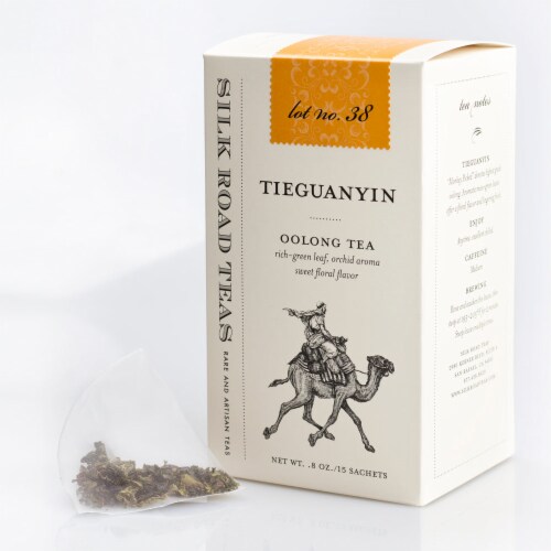 Silk Road Teas: Tieguanyin Oolong Chinese Tea from China, Low Oxidized 15 Sachets (2g ea) Perspective: front