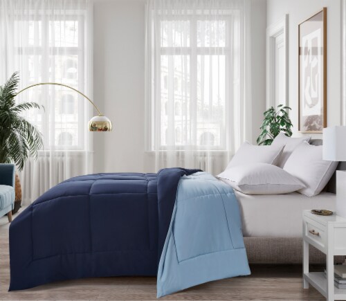 Microfiber Reversible Down Alternative Comforter - Navy / Light Blue - Queen Perspective: front