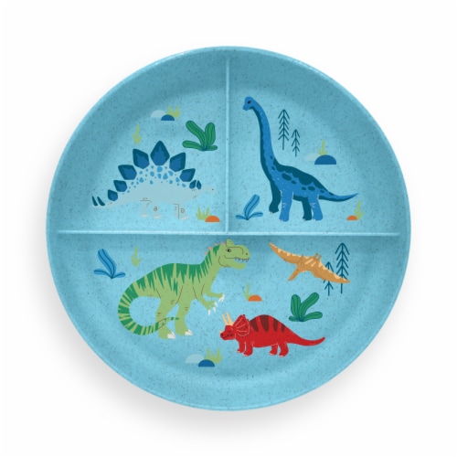 Wheat PP Divided Plates Blue Dinosaur Perspective: front