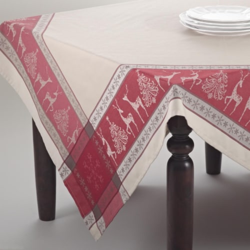 SARO 6811.R72S 72 in. Square Christmas Reindeer Jacquard Tablecloth - Red & Tan Perspective: front