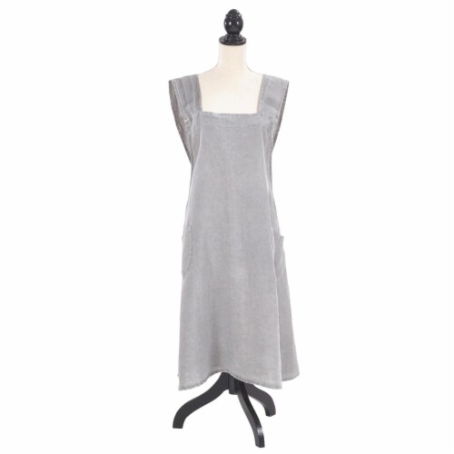 SARO 1059.PW01 Front Two Pocket Criss Cross Linen Apron Pewter Perspective: front