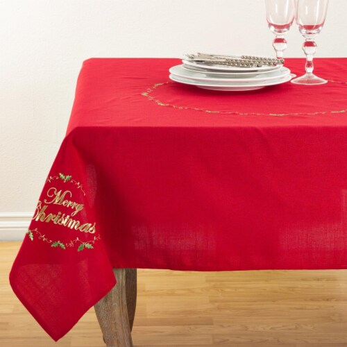 SARO 0141.R54S Merry Christmas Embroidered Design Holiday Tablecloth - Red Perspective: front