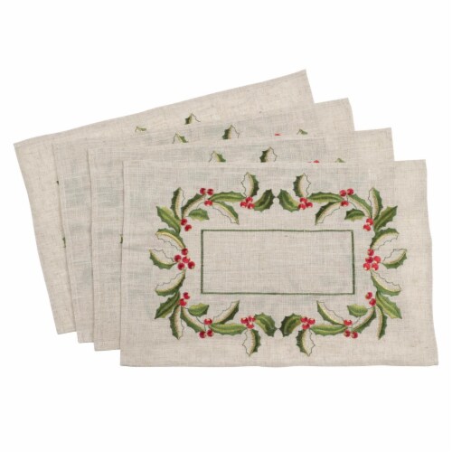 SARO QX653.N1420B Embroidered Holly Design Linen Blend Placemat - Natural - Set of 4 Perspective: front