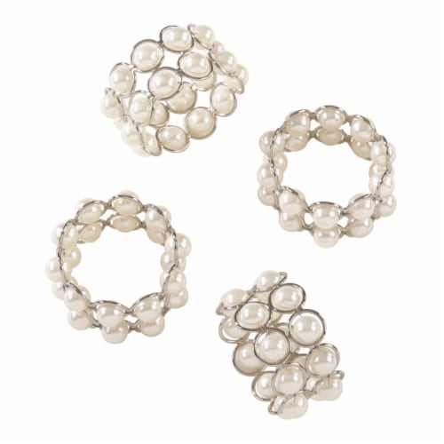 SARO NR224.I Faux Pearl Beaded Design Event Napkin Ring Ivory - Set of 4 Perspective: front