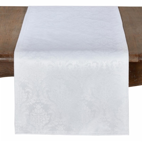 SARO 6115.W1672B 16 x 72 in. Rectangle Damask Table Runner - White Perspective: front