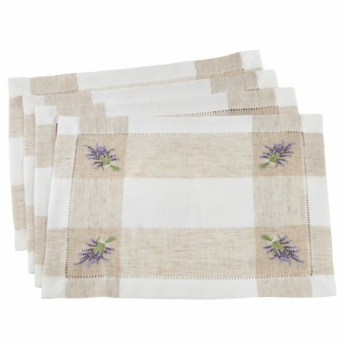 Saro Lifestyle Hemstitch Placemats with Embroidered Lavender Design, Ivory - Set Perspective: front