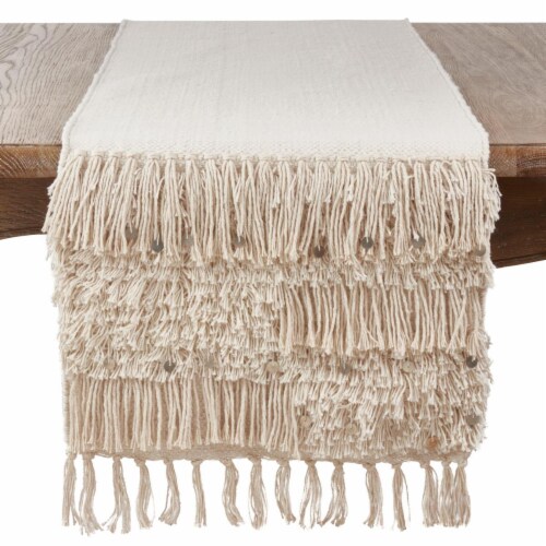 SARO 3202.S1672B Cotton Table Runner Cloth with Sequin Moroccan Design Silver Perspective: front