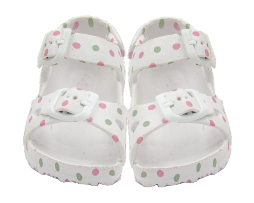 James Paul Products Girls Double Strap Polka Dot Sandals - White/Pink/Green Perspective: front
