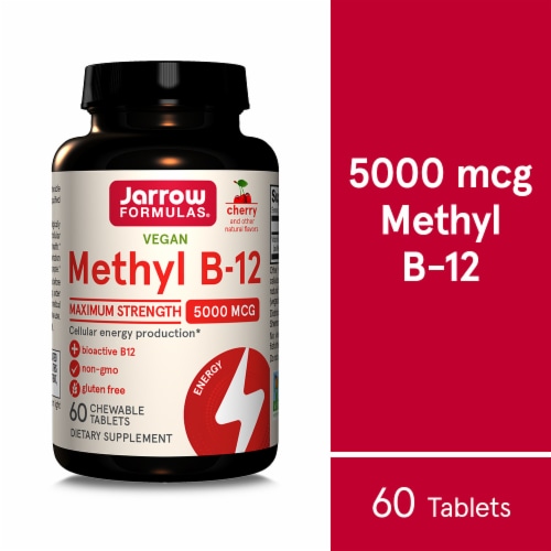 Jarrow Formulas® Methyl B-12 Maximum Strength Cherry Flavored Chewable Energy Tablets 5000mcg Perspective: front