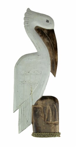 White Wood Coastal Pelican Perched On Nautical Piling Wall Sculpture 24 inch Perspective: front