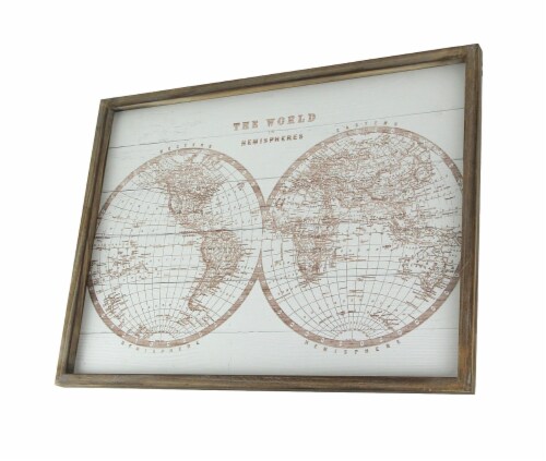 Rustic World Hemispheres Map Canvas Print Wood Frame Hanging Wall Decor Plaque Perspective: front