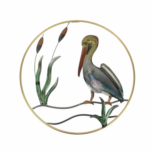 Hand-Painted Metal Pelican Open Work Wall Hanging 24 Inch Diameter Coastal Decor Perspective: front