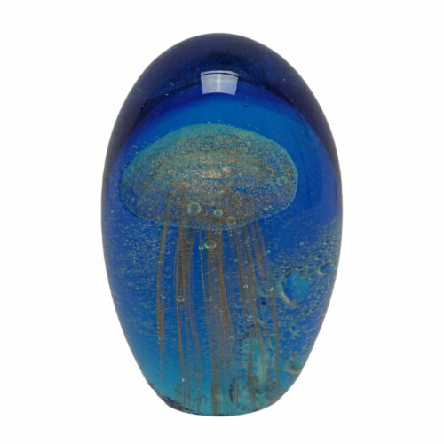 5 Inch Glass Glow In The Dark Jellyfish Paperweight Bookend Coastal Home Decor Sculpture Perspective: front