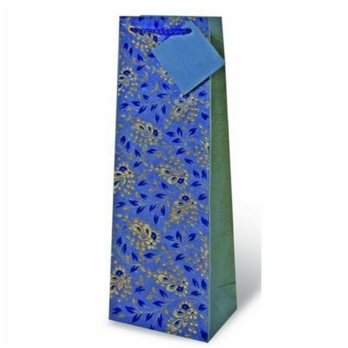 Wrap-Art 17166 Pasley Floral Wine Bottle Gift Bag - Blue & Gold Perspective: front