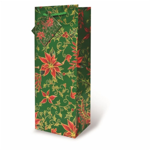 Wrap-Art Holly & Poinsettia Printed Wine Bag - Green Perspective: front