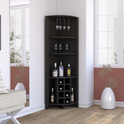 Giza Corner Bar Cabinet Three Shelves Eight Wine Cubbies Two Side Shelves Black Wengue 1 unit Dillons Food Stores