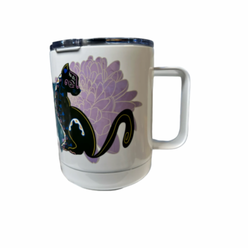 10oz Stainless Steal Coffee Cup - Black Cat Purple Blue Floral Perspective: front