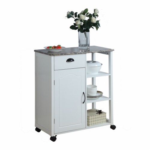 Pilaster Designs - White Finish Wood & Marble Vinyl Top Kitchen Storage Cabinet Cart Perspective: front