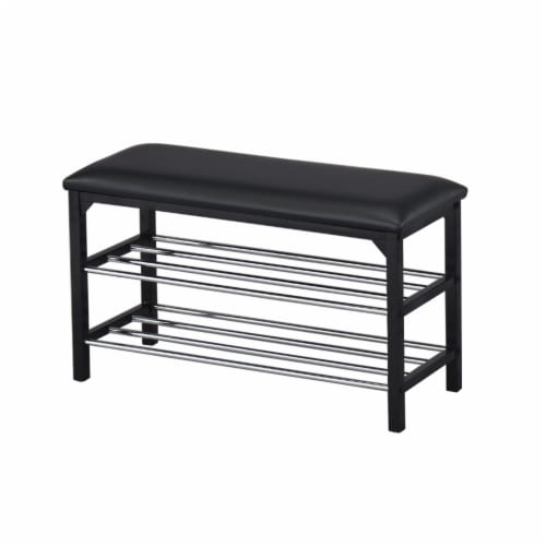 Harney 2 Tier Shoe Organizer Storage Bench, Black Vinyl Seat & Frame, Chrome Metal Racks Perspective: front