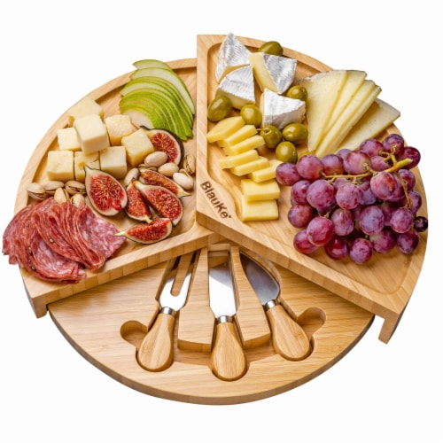 Bamboo Cheese Board and Knife Set - 14 Inch Swiveling Charcuterie Board with Slide-Out Drawer Perspective: front