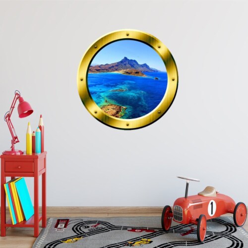 VWAQ Ocean Side Cliff View Gold Porthole Peel and Stick Vinyl Wall Decal - GP11 Perspective: front