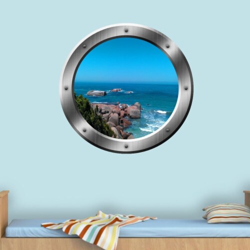 VWAQ Ocean Cliff View Silver Porthole Window Peel and Stick Vinyl Wall Art Decal Perspective: front