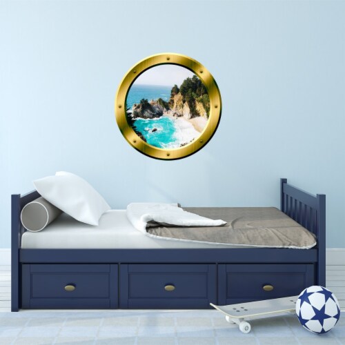VWAQ Ocean Cliff Aerial View Peel and Stick Gold Window Porthole Wall Decal - GP41 Perspective: front