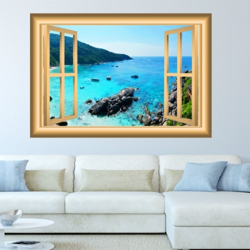 VWAQ Mountain Cliff Ocean View Window Frame Wall Decal - NW1 Perspective: front