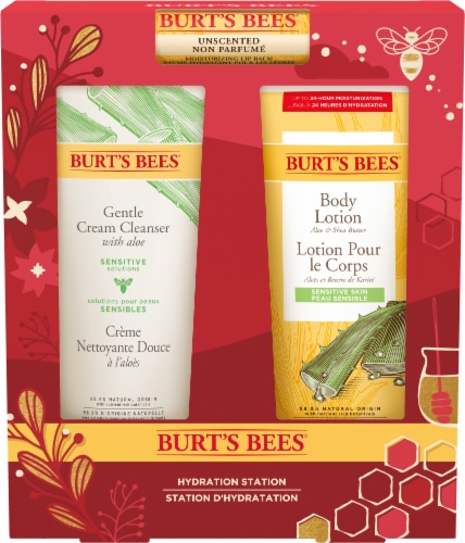 Burt's Bees Hydration Station Lip Balm Gentle Cream Cleanser Healing Body Lotion Holiday Gift Set Perspective: front
