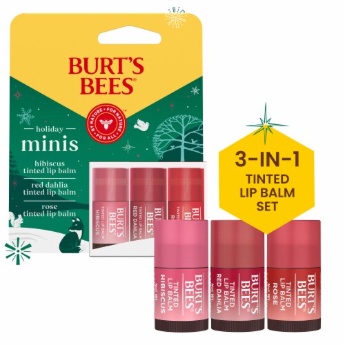 Burts Bees Holiday Minis Tinted Lip Balm Gift Set Hibiscus Red Dahlia Rose Perspective: front