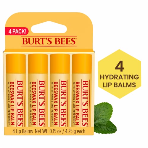 Burt's Bees 100% Natural Origin Moisturizing Lip Balm, Original Beeswax  with Vitamin E & Peppermint Oil, 4 Tubes in Blister Box