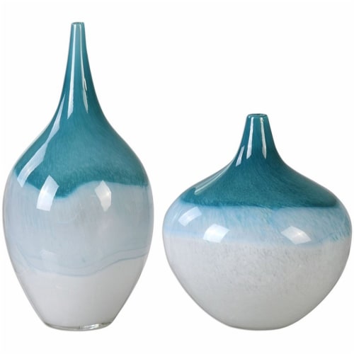 Uttermost Carlas Contemporary Glass Vases in Teal Blue/White (Set of 2) Perspective: front
