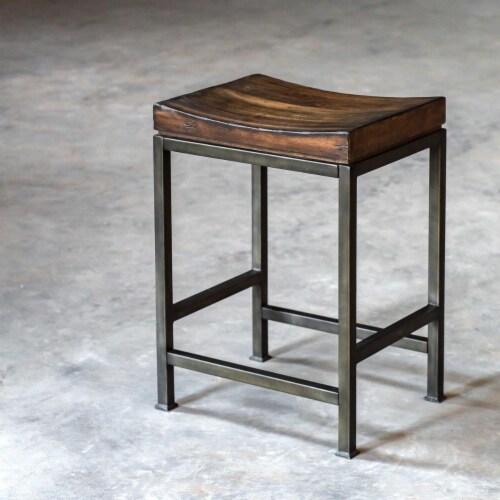 Uttermost Beck 24 Wood and Metal Counter Stool in Walnut and Brushed Steel Perspective: front