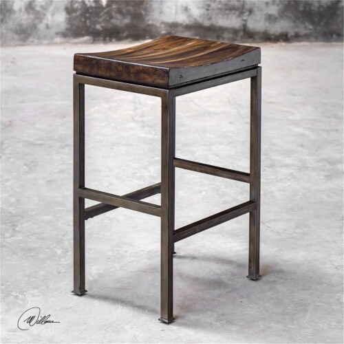 Uttermost Beck 30 Metal and Wood Bar Stool in Dark Walnut and Brushed Steel Perspective: front