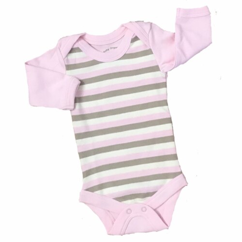 Organic Cotton Long Sleeve Bodysuits/Onesies - Pink/Natural Khaki Stripe 6-12m Perspective: front