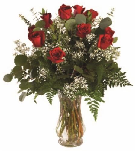 Dozen Roses in Clear Vase Perspective: front