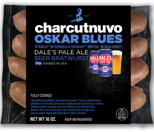 Dale's Pale Ale Charcutnuvo Oskar Blues Beer Bratwurst Perspective: front